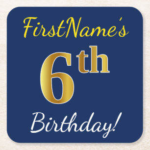 Blue, Faux Gold 6th Birthday + Custom Name Square Paper Coaster
