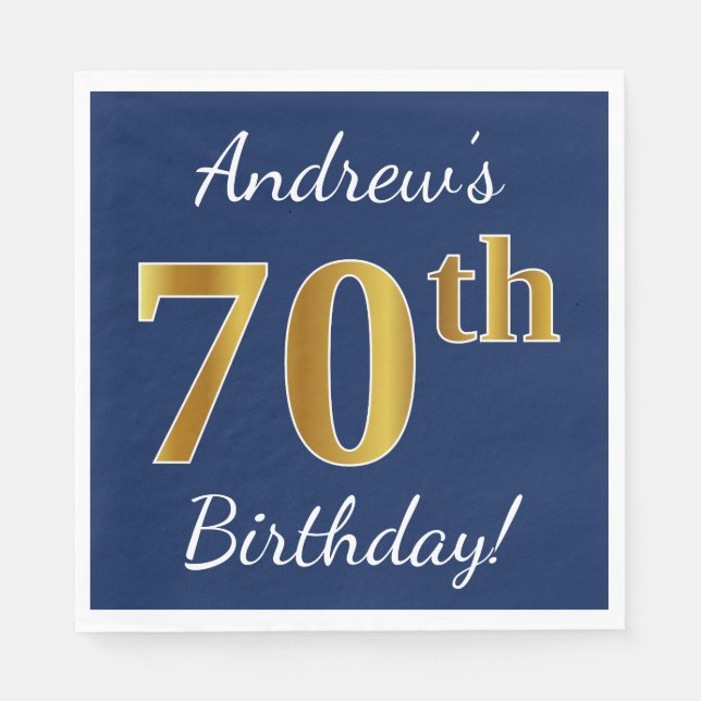 Blue, Faux Gold 70th Birthday + Custom Name Napkin (Front)