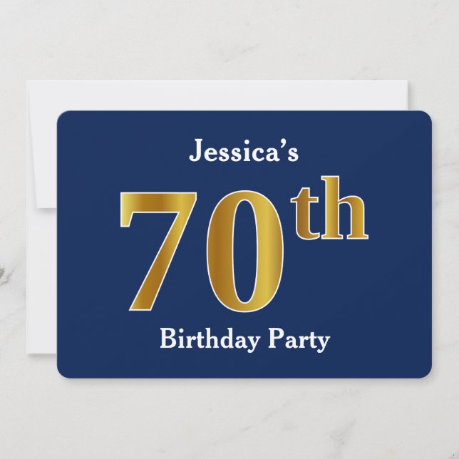 Blue, Faux Gold 70th Birthday Party + Custom Name Invitation (Front)