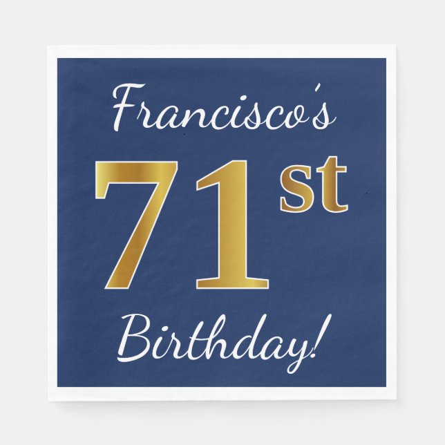 Blue, Faux Gold 71st Birthday + Custom Name Napkin (Front)