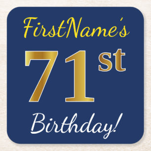 Blue, Faux Gold 71st Birthday + Custom Name Square Paper Coaster