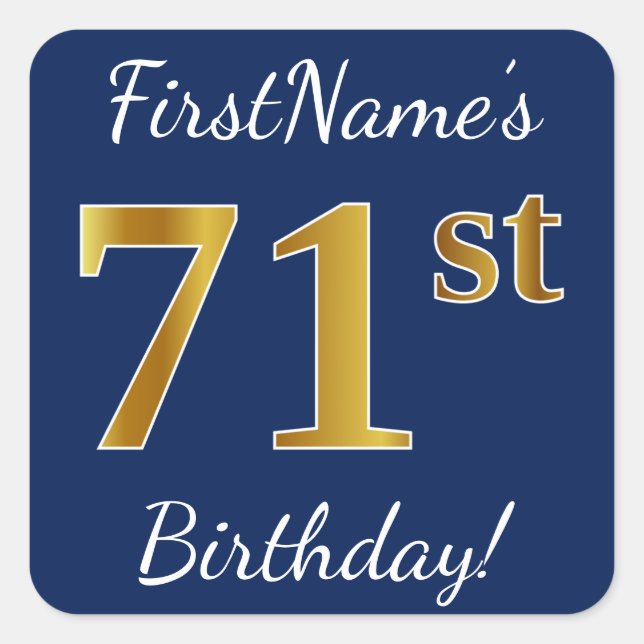 Blue, Faux Gold 71st Birthday + Custom Name Square Sticker (Front)