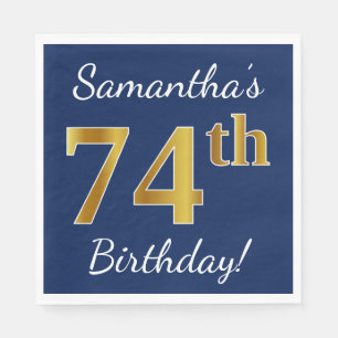 Blue, Faux Gold 74th Birthday + Custom Name Napkin