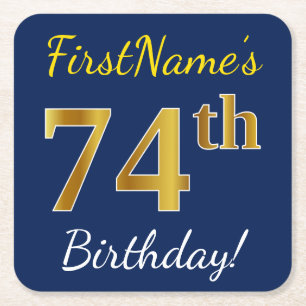Blue, Faux Gold 74th Birthday + Custom Name Square Paper Coaster