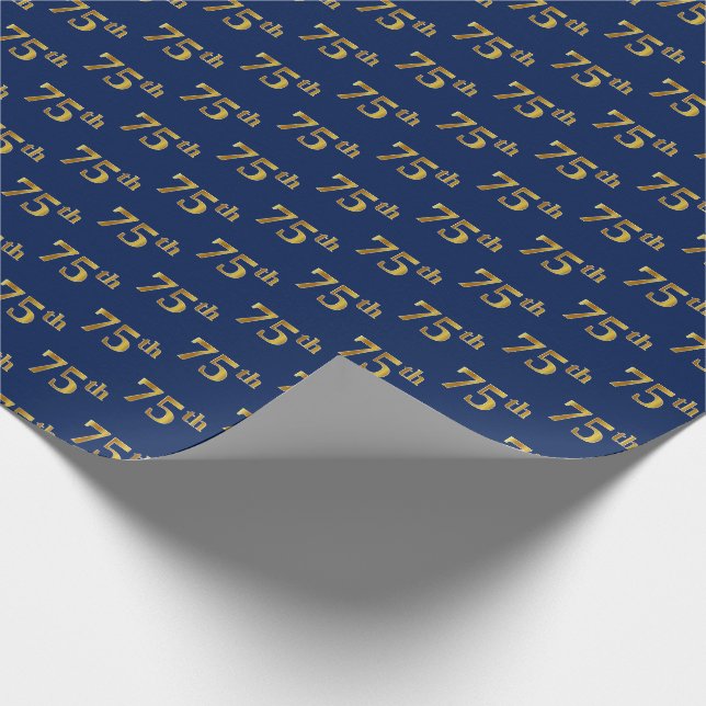 Blue, Faux Gold 75th (Seventy-Fifth) Event Wrapping Paper (Corner)