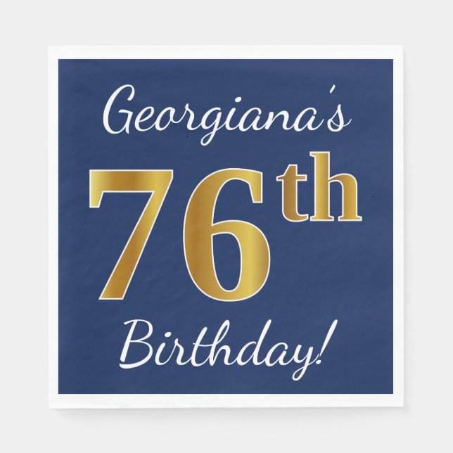 Blue, Faux Gold 76th Birthday + Custom Name Napkin (Front)