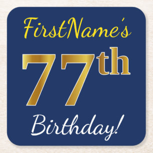 Blue, Faux Gold 77th Birthday + Custom Name Square Paper Coaster