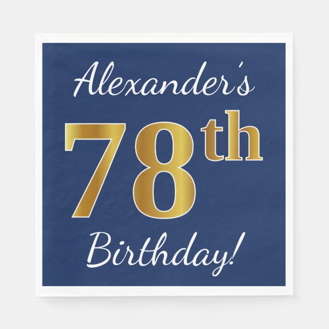 Blue, Faux Gold 78th Birthday + Custom Name Napkin (Front)