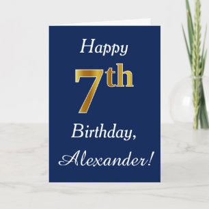 Blue, Faux Gold 7th Birthday + Custom Name Card
