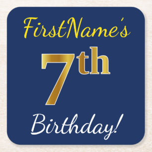 Blue, Faux Gold 7th Birthday + Custom Name Square Paper Coaster