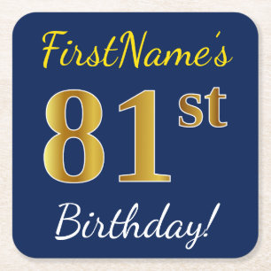 Blue, Faux Gold 81st Birthday + Custom Name Square Paper Coaster