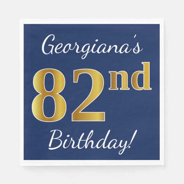 Blue, Faux Gold 82nd Birthday + Custom Name Napkin (Front)
