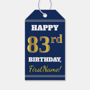 Blue, Faux Gold 83rd Birthday + Custom Name Gift Tags