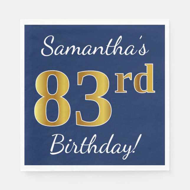 Blue, Faux Gold 83rd Birthday + Custom Name Napkin (Front)
