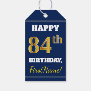 Blue, Faux Gold 84th Birthday + Custom Name Gift Tags