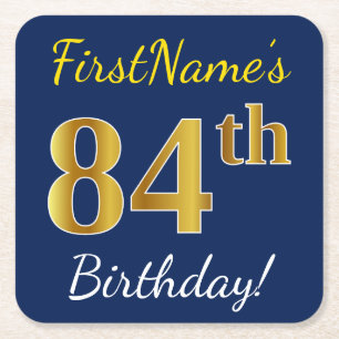 Blue, Faux Gold 84th Birthday + Custom Name Square Paper Coaster