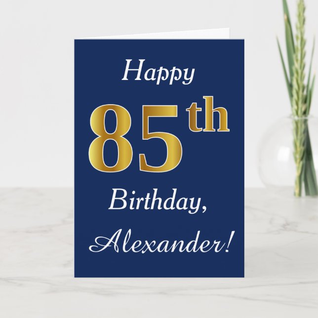 Blue, Faux Gold 85th Birthday + Custom Name Card (Front)