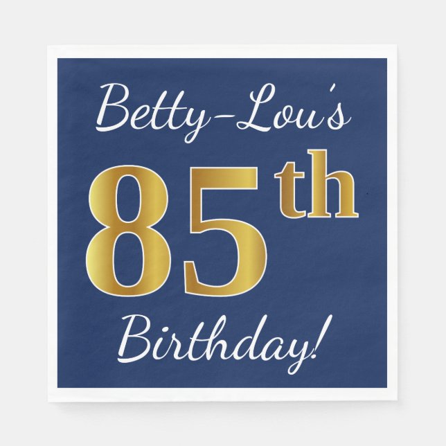Blue, Faux Gold 85th Birthday + Custom Name Napkin (Front)