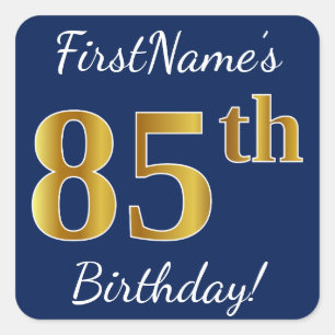 Blue, Faux Gold 85th Birthday + Custom Name Square Sticker