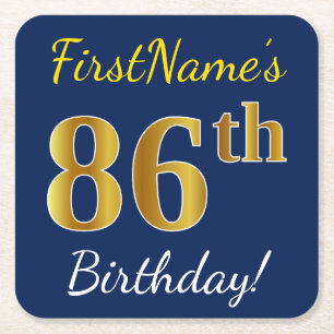 Blue, Faux Gold 86th Birthday + Custom Name Square Paper Coaster