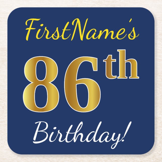 Blue, Faux Gold 86th Birthday + Custom Name Square Paper Coaster (Front)