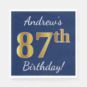 Blue, Faux Gold 87th Birthday + Custom Name Napkin