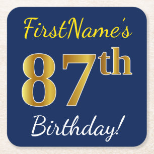 Blue, Faux Gold 87th Birthday + Custom Name Square Paper Coaster