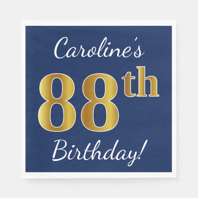 Blue, Faux Gold 88th Birthday + Custom Name Napkin (Front)
