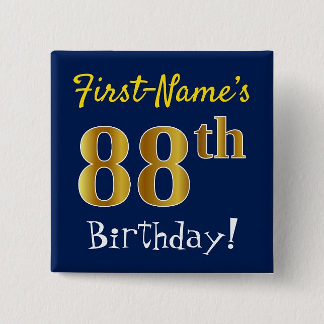 Blue, Faux Gold 88th Birthday, With Custom Name 15 Cm Square Badge (Front)
