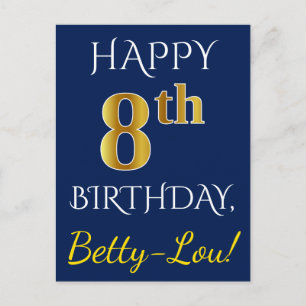 Blue, Faux Gold 8th Birthday + Custom Name Postcard