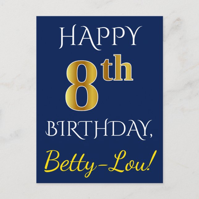 Blue, Faux Gold 8th Birthday + Custom Name Postcard (Front)