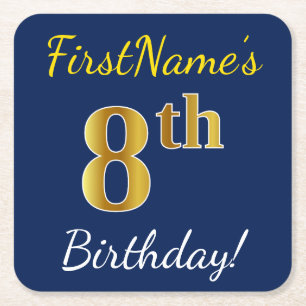 Blue, Faux Gold 8th Birthday + Custom Name Square Paper Coaster