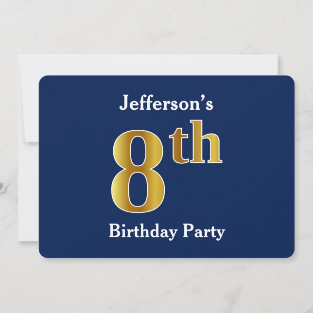 Blue, Faux Gold 8th Birthday Party + Custom Name Invitation (Front)