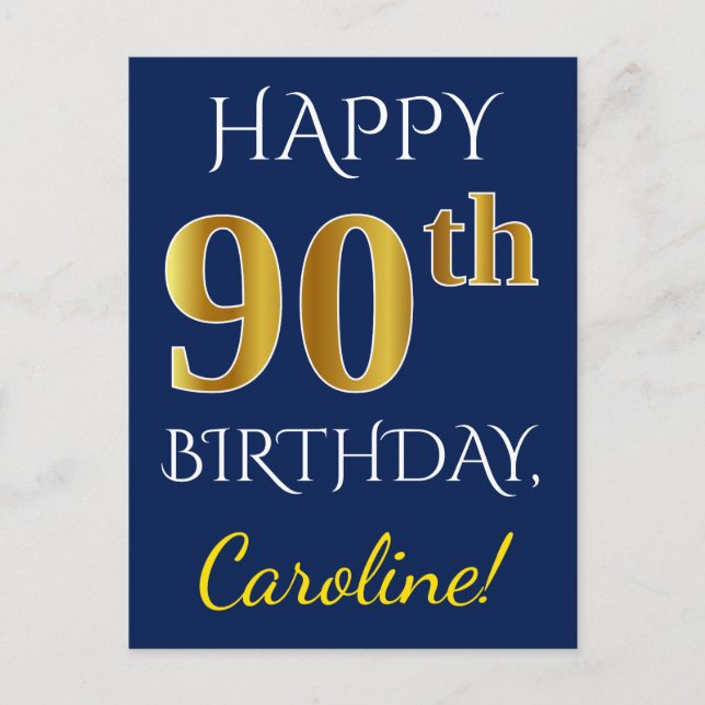 Blue, Faux Gold 90th Birthday + Custom Name Postcard (Front)