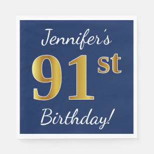 Blue, Faux Gold 91st Birthday + Custom Name Napkin