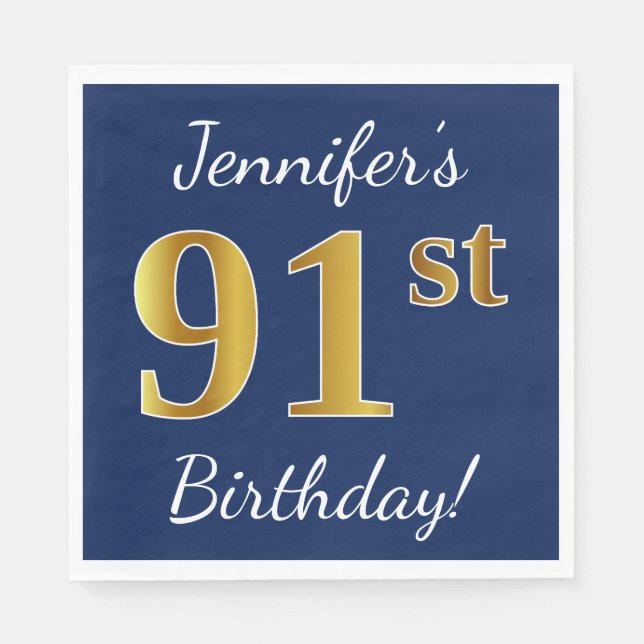 Blue, Faux Gold 91st Birthday + Custom Name Napkin (Front)