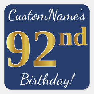 Blue, Faux Gold 92nd Birthday + Custom Name Square Sticker