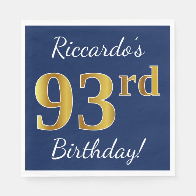 Blue, Faux Gold 93rd Birthday + Custom Name Napkin (Front)
