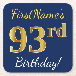 Blue, Faux Gold 93rd Birthday + Custom Name Square Paper Coaster