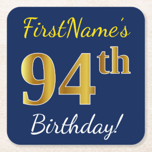 Blue, Faux Gold 94th Birthday + Custom Name Square Paper Coaster