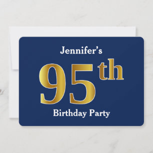 Blue, Faux Gold 95th Birthday Party + Custom Name Invitation