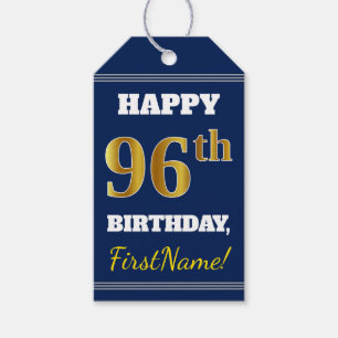 Blue, Faux Gold 96th Birthday + Custom Name Gift Tags