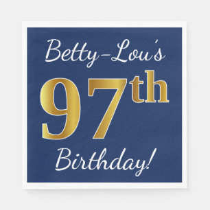 Blue, Faux Gold 97th Birthday + Custom Name Napkin