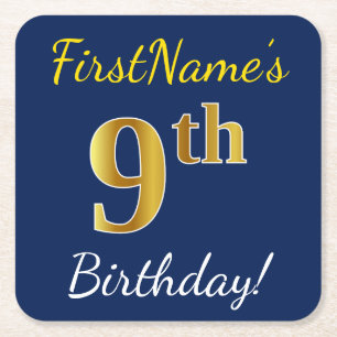 Blue, Faux Gold 9th Birthday + Custom Name Square Paper Coaster