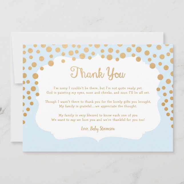 Blue faux gold boy baby shower thank you note (Front)