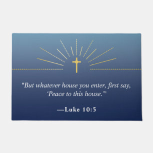 Blue Faux Gold Cross Christian Home Bible Quote Doormat