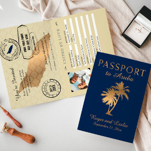 Blue Faux Gold Foil Aruba Passport Wedding Invitation