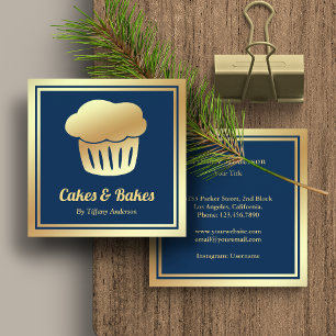 Blue Faux Gold Foil Homemade Cupcake Bakery Square Business Card