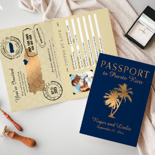 Blue Faux Gold Foil Puerto Rico Wedding Passport Invitation