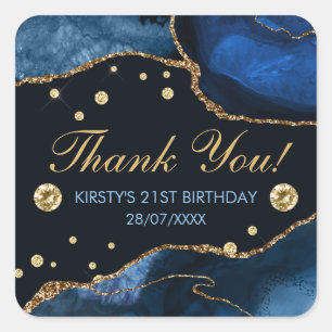 Blue & Faux Gold Glitter Agate Birthday Square Sticker